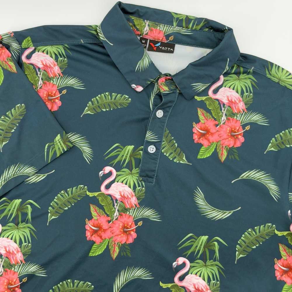 Yatta Golf Mens Medium Tropical Flamingo Hibiscus Print Polo Shirt Short‎ Sleeve